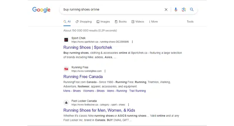 Google search results page for the query 'buy running shoes online' displaying eCommerce websites | Pepi Digital