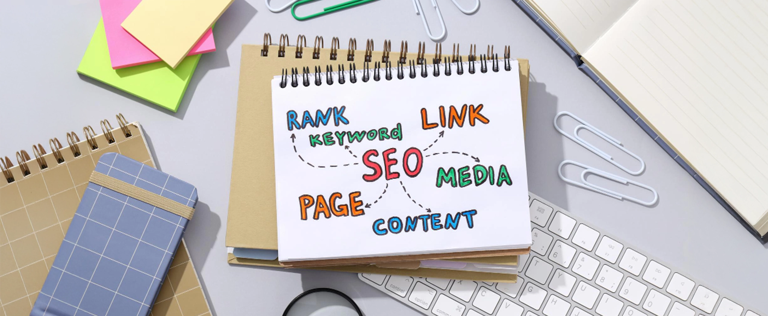 SEO link building concepts showing rank, content, media, and keywords for effective optimization strategies in 2025.