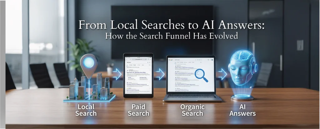 Illustration of the modern search funnel showing local SEO, PPC, organic SEO, and AI answers for 2025.