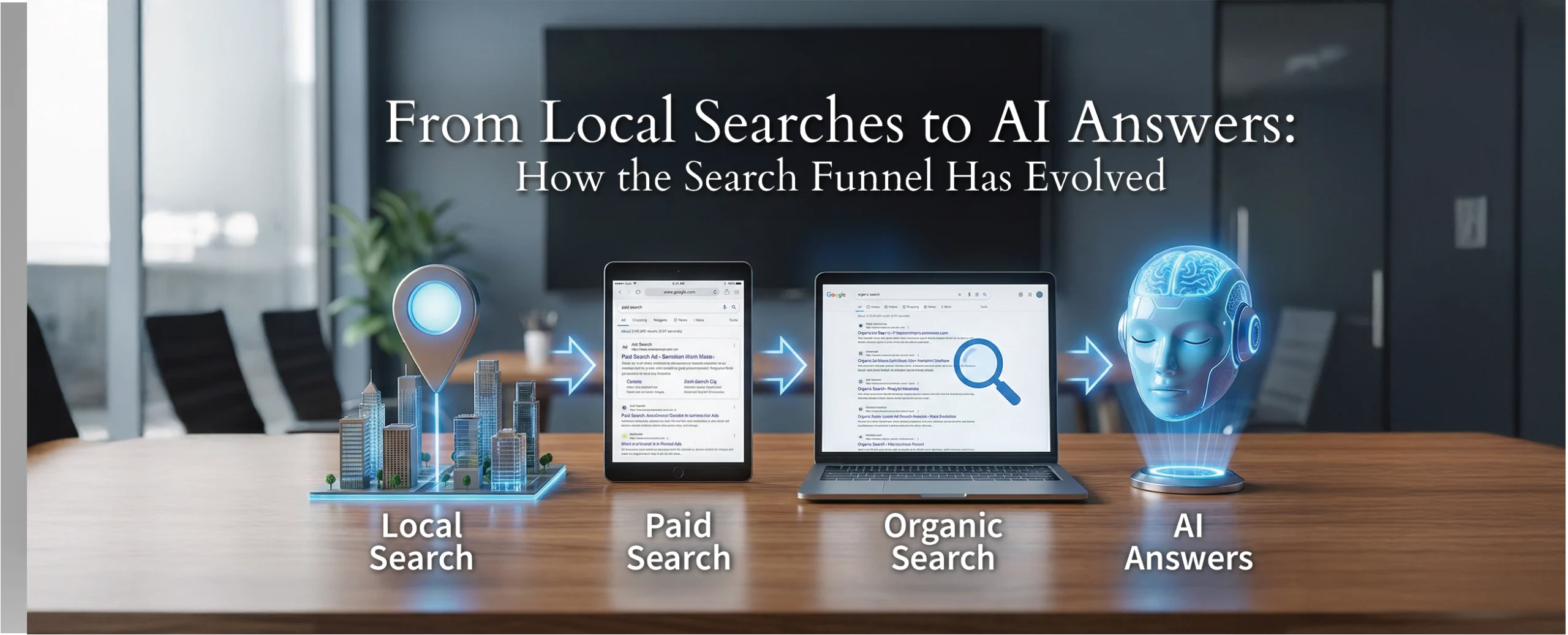 Illustration of the modern search funnel showing local SEO, PPC, organic SEO, and AI answers for 2025.