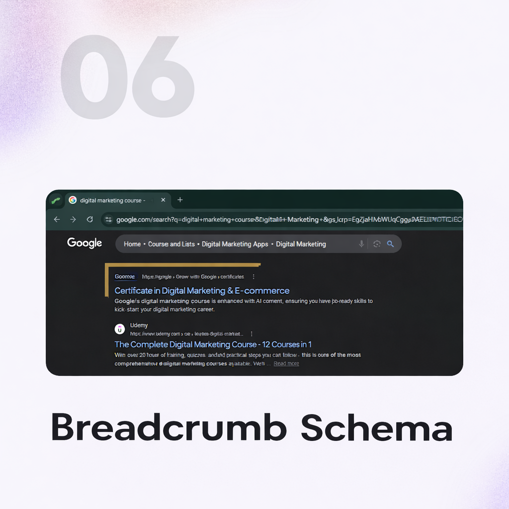 Breadcrumb schema markup example showing website hierarchy in Google search results