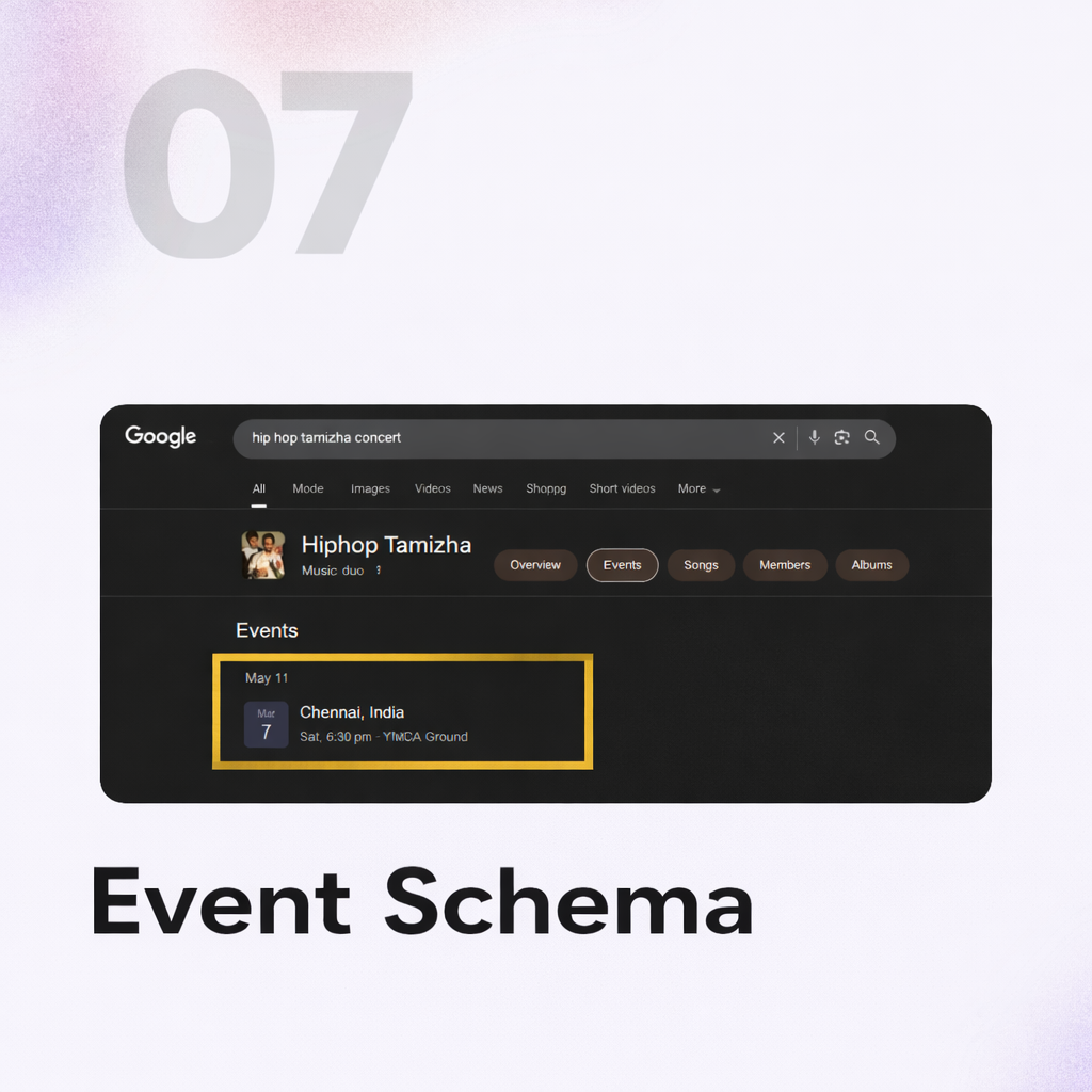 Event schema markup example showing event date and location in Google search