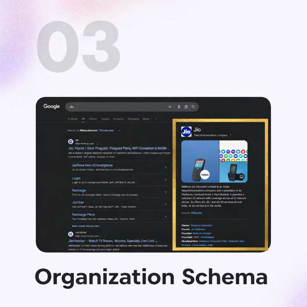 Organization schema markup example showing brand knowledge panel in Google search